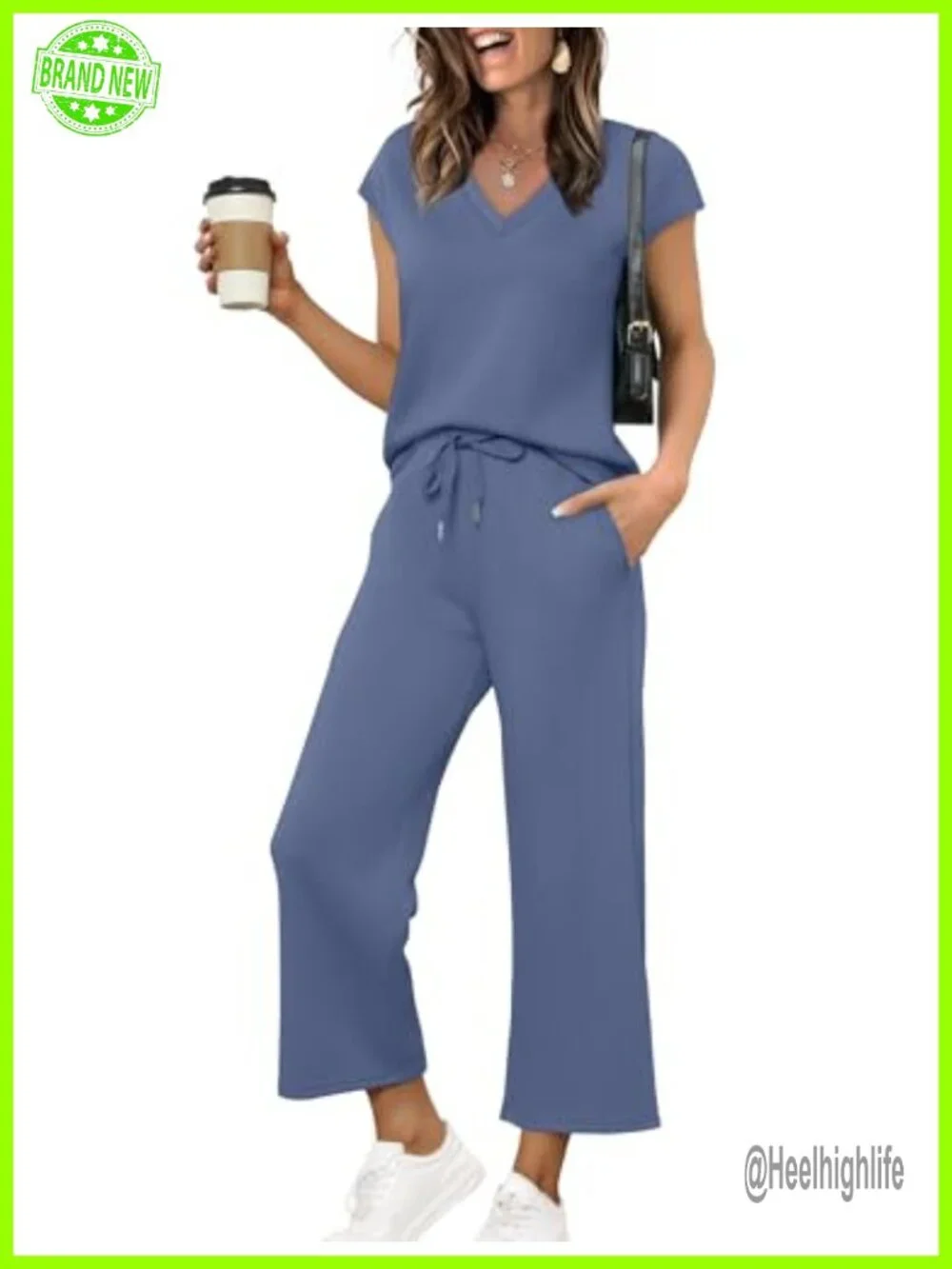 V Neck Cap Sleeve Top and Wide Leg Pants Lounge Set